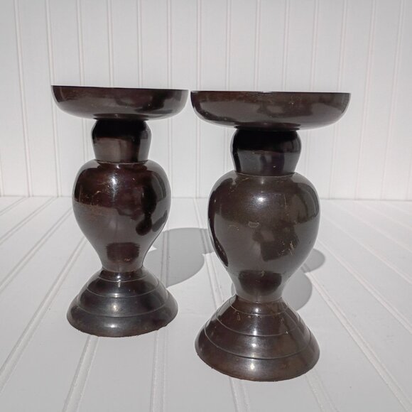 Vintage Candle Sticks Bronze Tone Heavy Metal Holders Taper Pillar Pair MCM - Picture 4 of 9